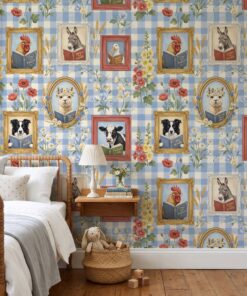 Farm animal wallpaper on blue gingham in a kids bedroom with a wooden spindle bed