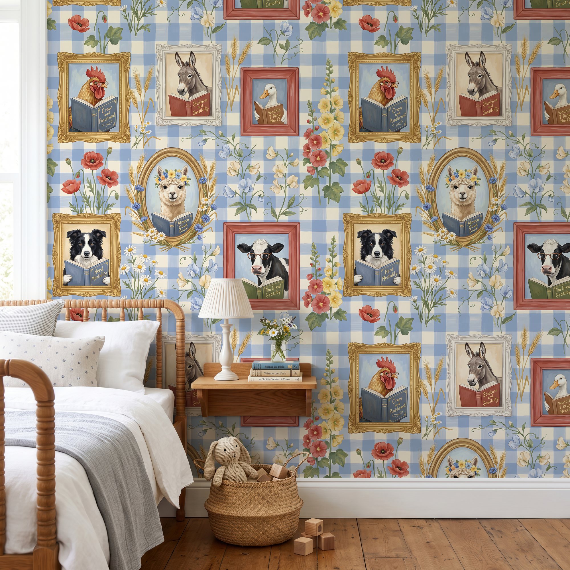Farm animal wallpaper on blue gingham in a kids bedroom with a wooden spindle bed