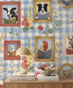 Close-up of farm animals reading wallpaper: cow, border collie, rooster, duck and donkey reading books in painted frames