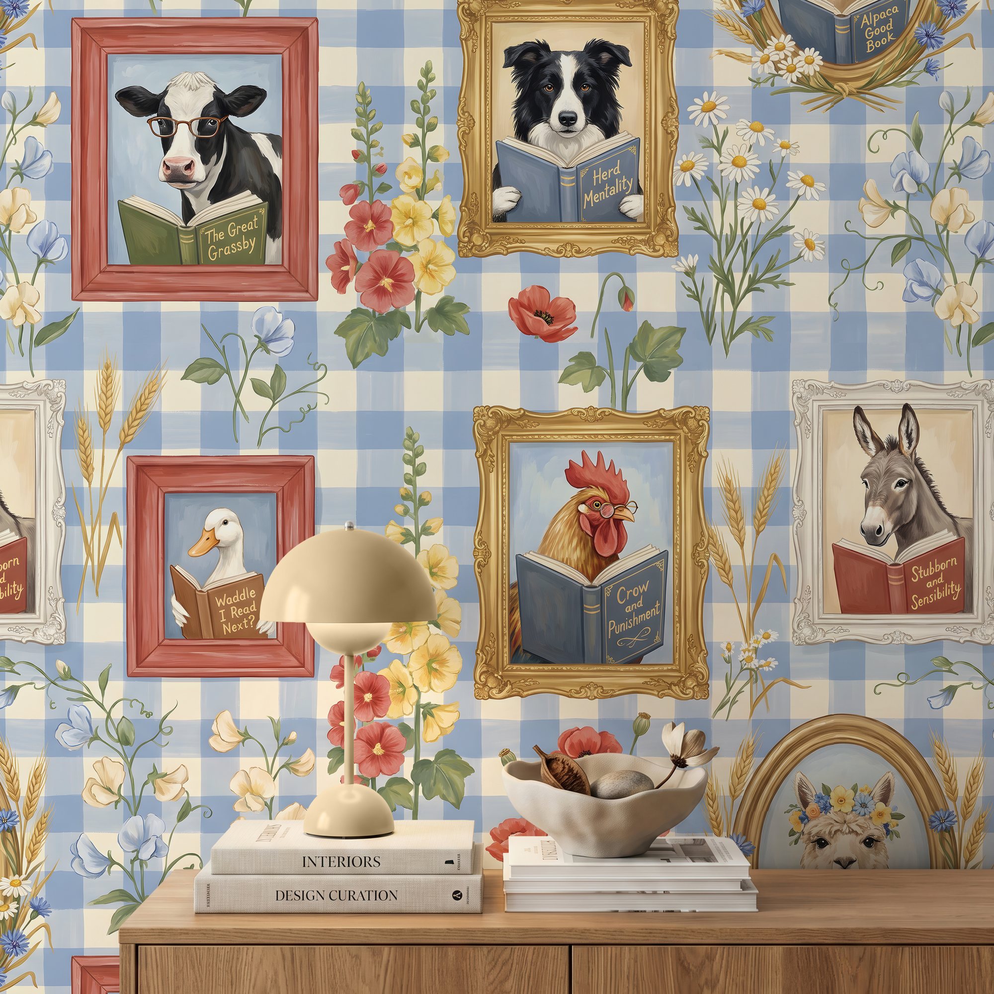 Farm animal wallpaper close-up with a cow, border collie, rooster, duck and donkey reading books in painted frames