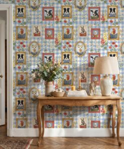 Farm animals reading wallpaper in an entryway with a wooden console table