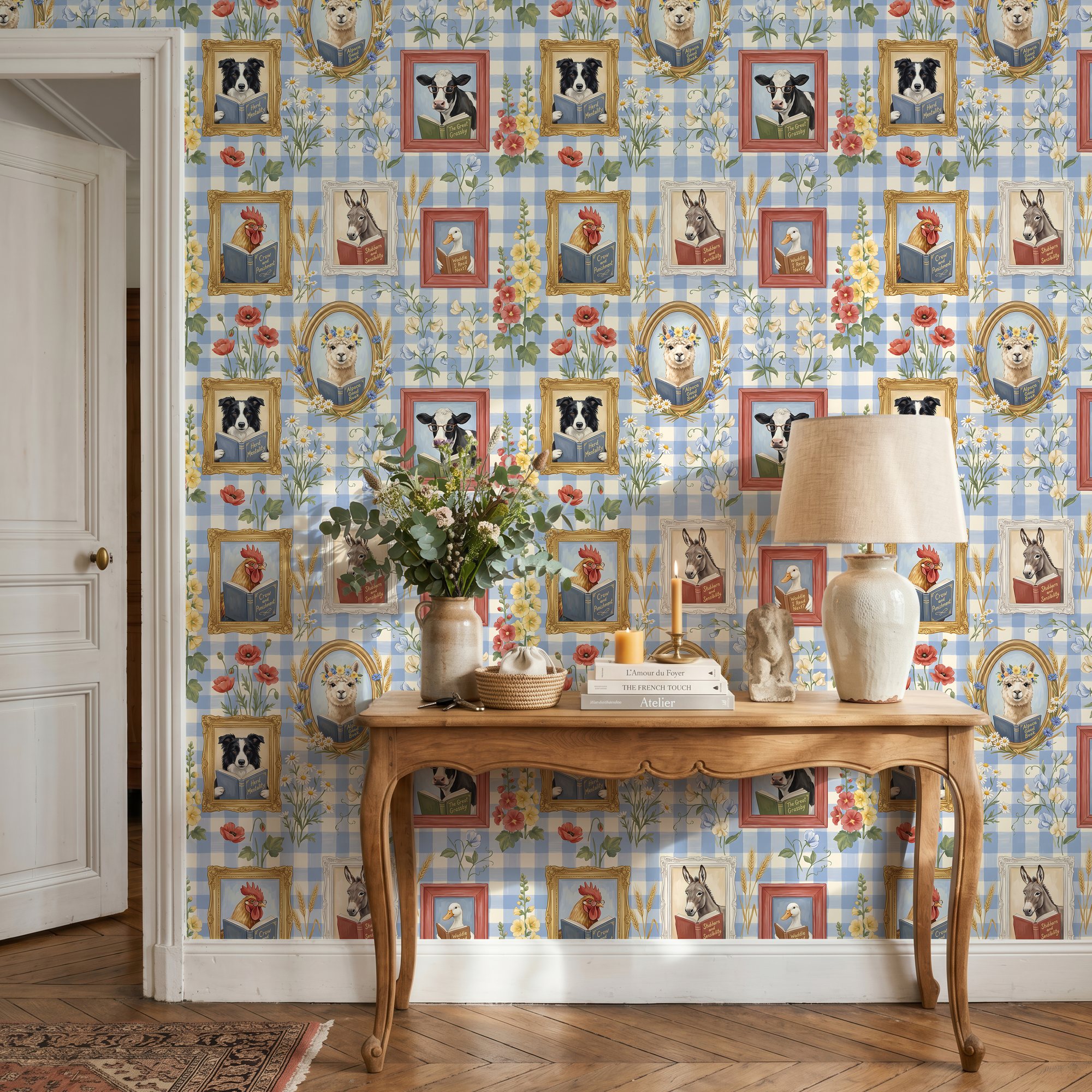 Farm animals reading wallpaper in an entryway with a wooden console table