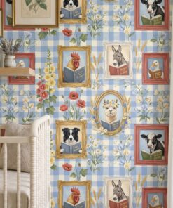 Farm animals reading wallpaper in a nursery with a white crib and floating shelf