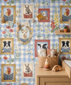 Blue gingham farm animal wallpaper behind a nursery changing table with a woven basket