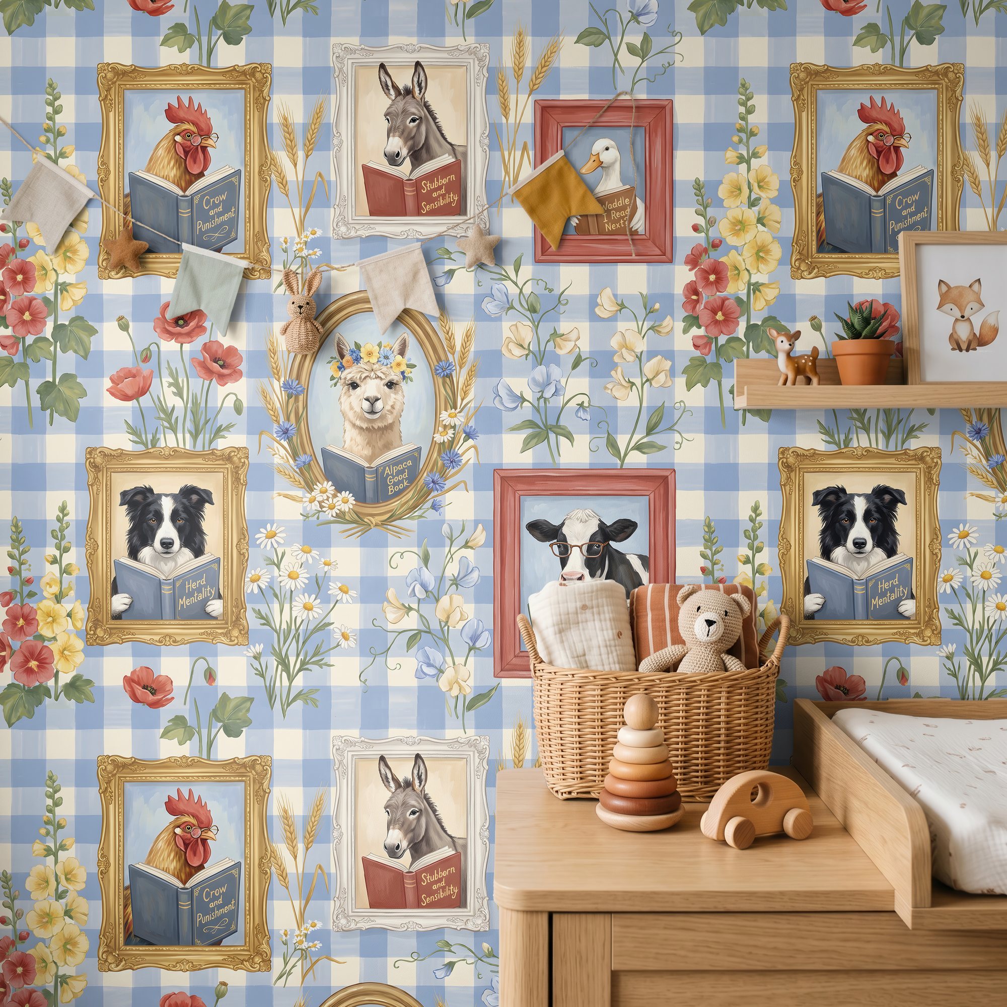 Blue gingham farm animal wallpaper behind a nursery changing table with a woven basket