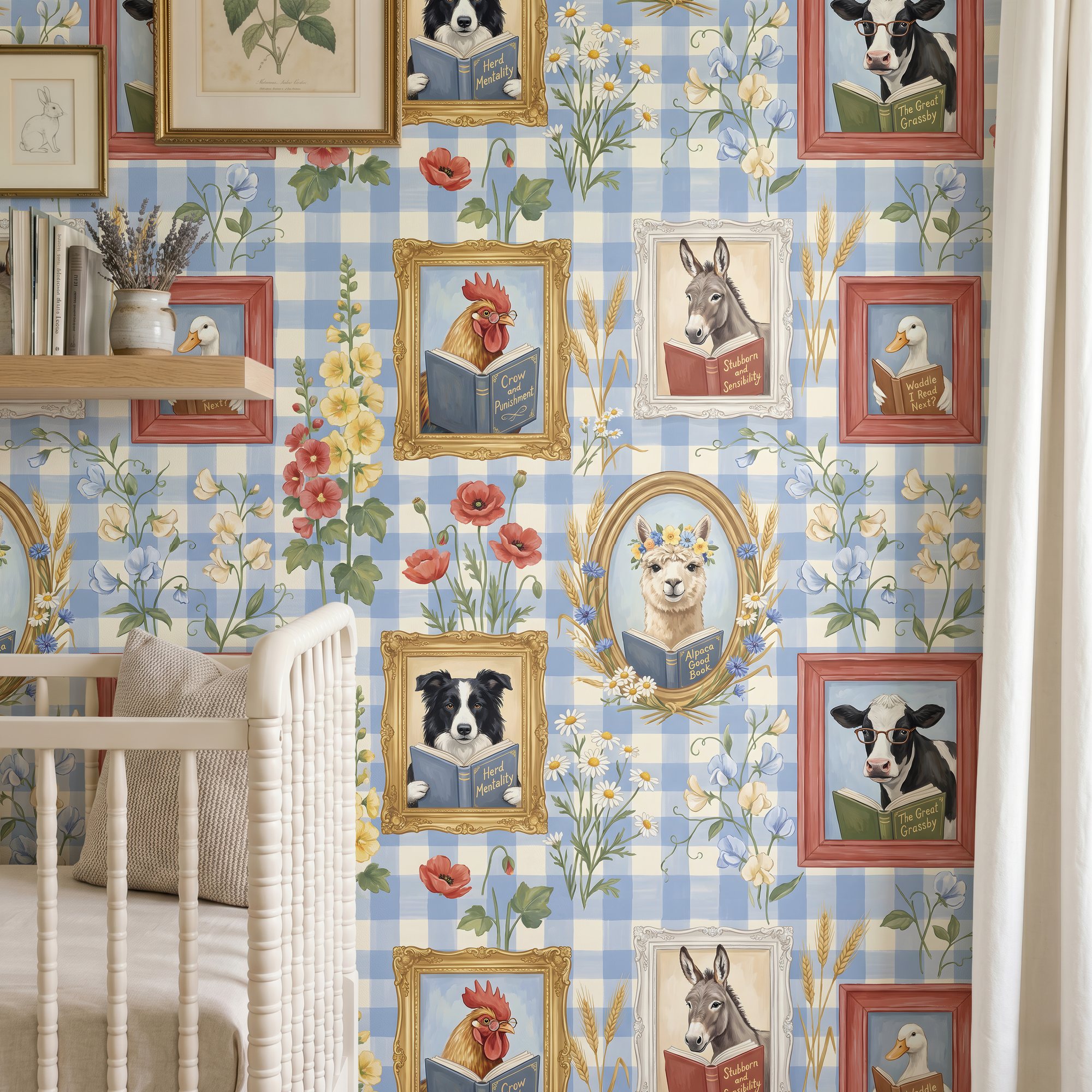 Farm animals reading wallpaper in a nursery with a white crib and floating shelf