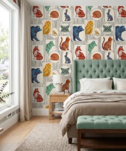 Folk art animal wallpaper behind a sage green tufted headboard in a bedroom
