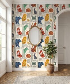 Scandinavian folk animal wallpaper in an entryway with a gold oval mirror and fiddle leaf fig