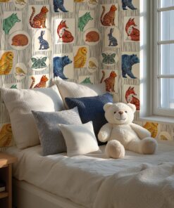 Folk art animal wallpaper in a sunny kids’ bed corner with a teddy bear and navy pillows