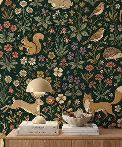 Millefleur wallpaper close-up with a golden fox, squirrel, hedgehog and songbirds among a thousand wildflowers on forest green