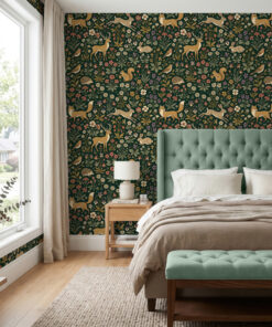 Green millefleur wallpaper behind a sage tufted headboard in a bedroom