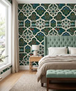 Mughal garden wallpaper in emerald behind a sage tufted headboard in a bedroom
