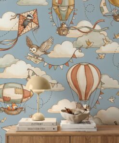 Hot air balloon wallpaper close-up with a bear in flying goggles, a fox in an airship, a badger on a kite and an owl carrying a map