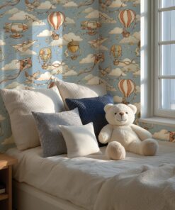 Hot air balloon wallpaper in a sunny kids bed corner with a teddy bear