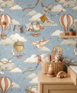 Animal aviators hot air balloon wallpaper in a nursery with bunting, a shelf and a toy basket