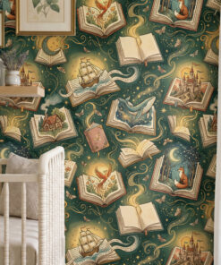 Enchanted storybook wallpaper in a nursery beside a white crib and a shelf