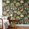Bookish wallpaper in forest green with open storybooks in a bedroom with a wooden spindle bed