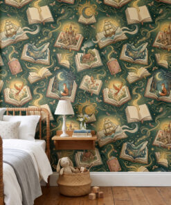Bookish wallpaper in forest green with open storybooks in a bedroom with a wooden spindle bed