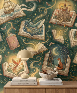Bookish wallpaper close-up with a tall ship, a starry whale, a castle and a fox stepping out of open books