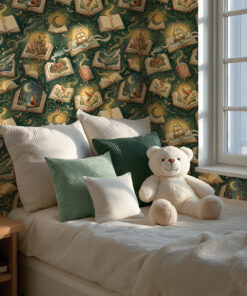 Bookish storybook wallpaper in a sunny kids bed corner with a teddy bear