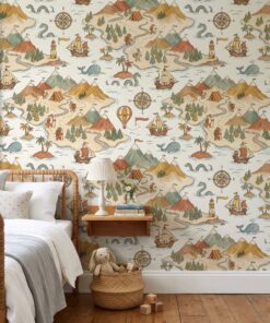 Kids map wallpaper with islands, mountains and compass roses in a bedroom with a wooden spindle bed
