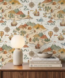 Kids map wallpaper close-up with a compass rose, a mouse ship, a sea serpent, a whale and a hiking bear