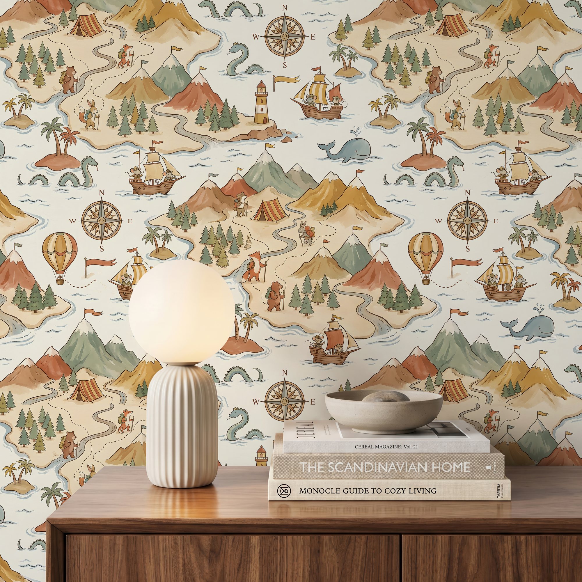 Kids map wallpaper close-up with a compass rose, a mouse ship, a sea serpent and a hiking bear
