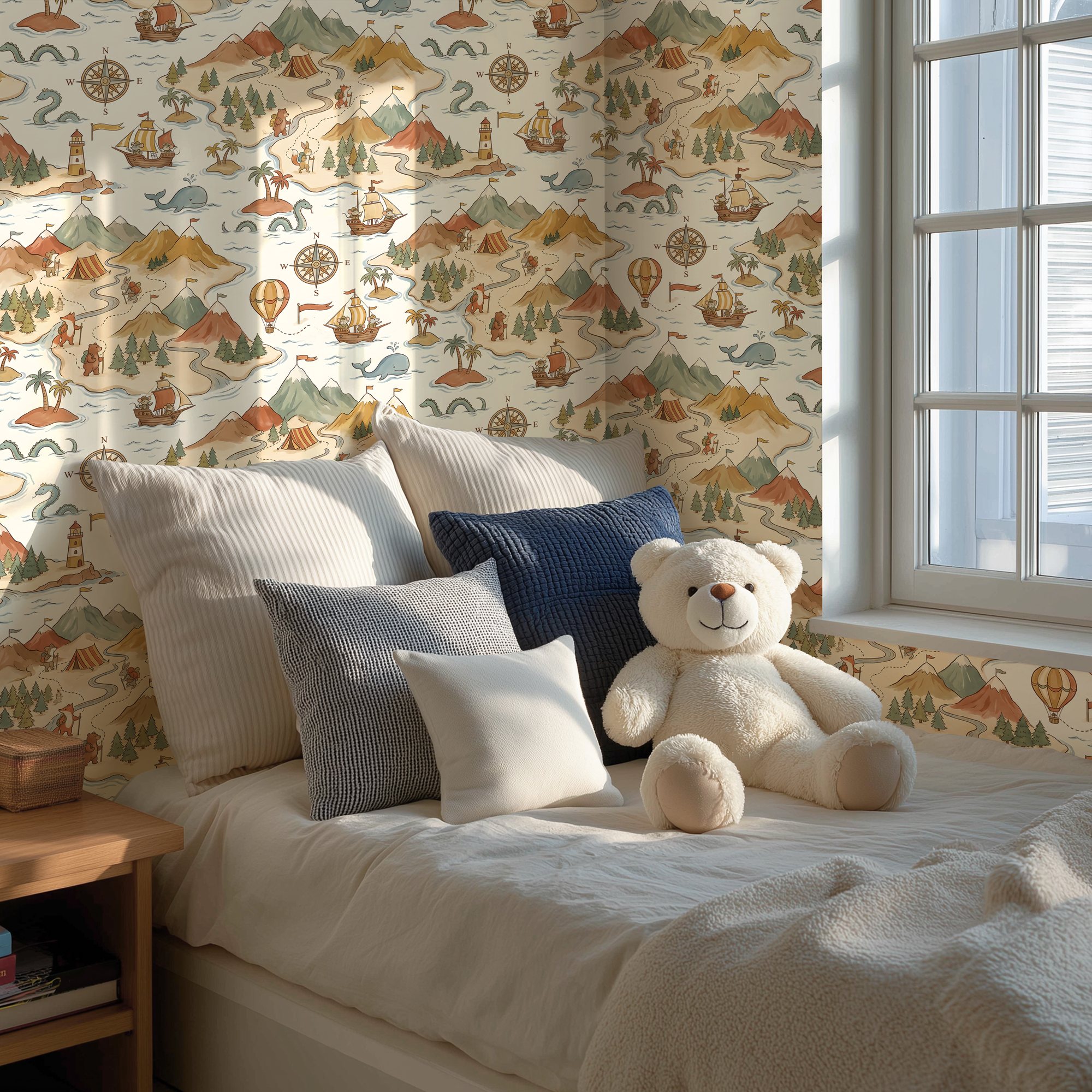 Kids map wallpaper with ships and lighthouses in a sunny bed corner with a teddy bear