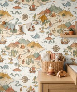 Kids adventure map wallpaper in a nursery with bunting, a shelf and a toy basket