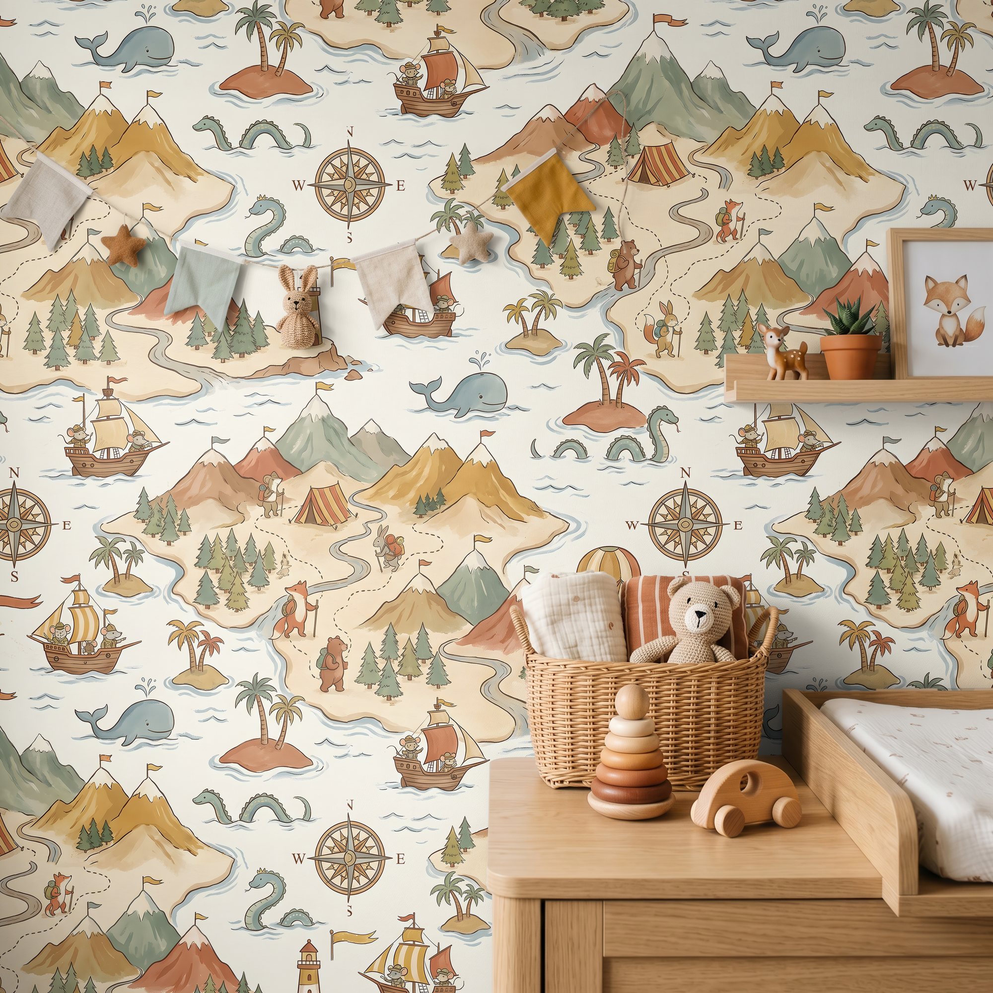Kids adventure map wallpaper in a nursery with bunting, a shelf and a toy basket