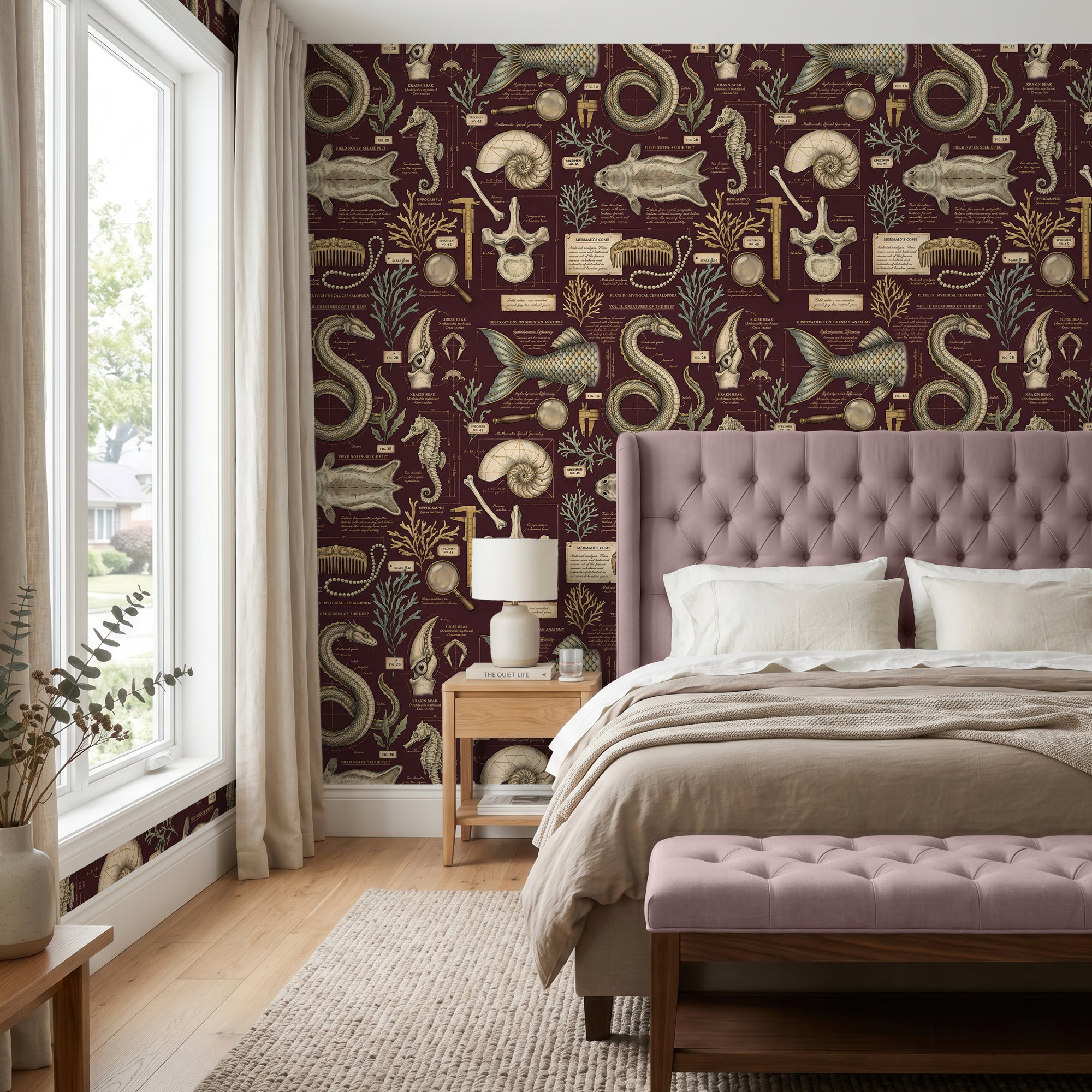 Maroon mythical sea creature wallpaper behind a mauve tufted headboard in a bedroom