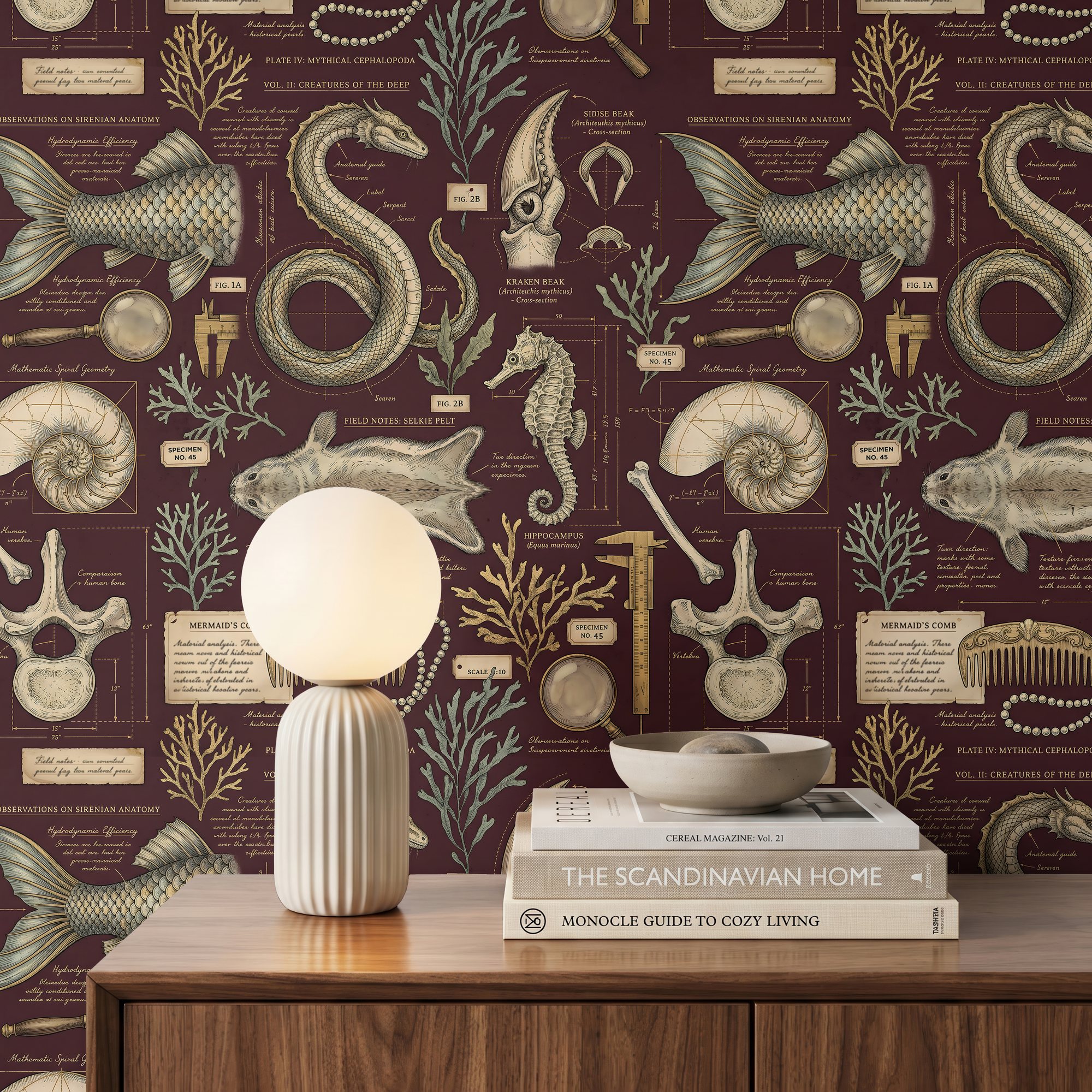 Maroon mermaid wallpaper close-up with a mermaid tail, sea serpent, kraken beak, seahorse and nautilus sketches