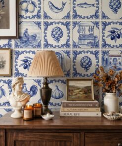 Portuguese tile wallpaper close-up with azulejos of lemons, sardines, artichokes, olives, a rooster and a fisherman