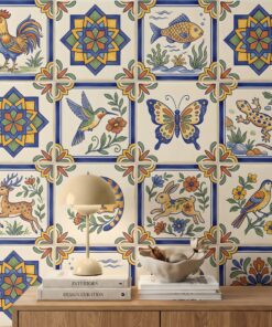 Spanish tile wallpaper close-up with a rooster, a leaping deer, a hummingbird, a butterfly, a gecko and geometric star tiles