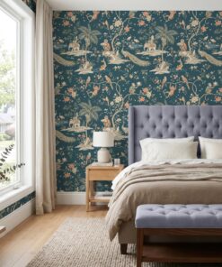 Chinoiserie monkey wallpaper in teal behind a lilac tufted headboard in a bedroom