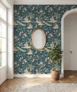 Teal chinoiserie menagerie wallpaper in an entryway with a gold oval mirror and arched doorway