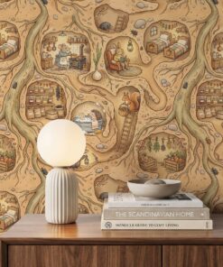 Close-up of underground burrow wallpaper with a mouse cooking, a rabbit reading, a hedgehog in a tin bath and a squirrel on a ladder