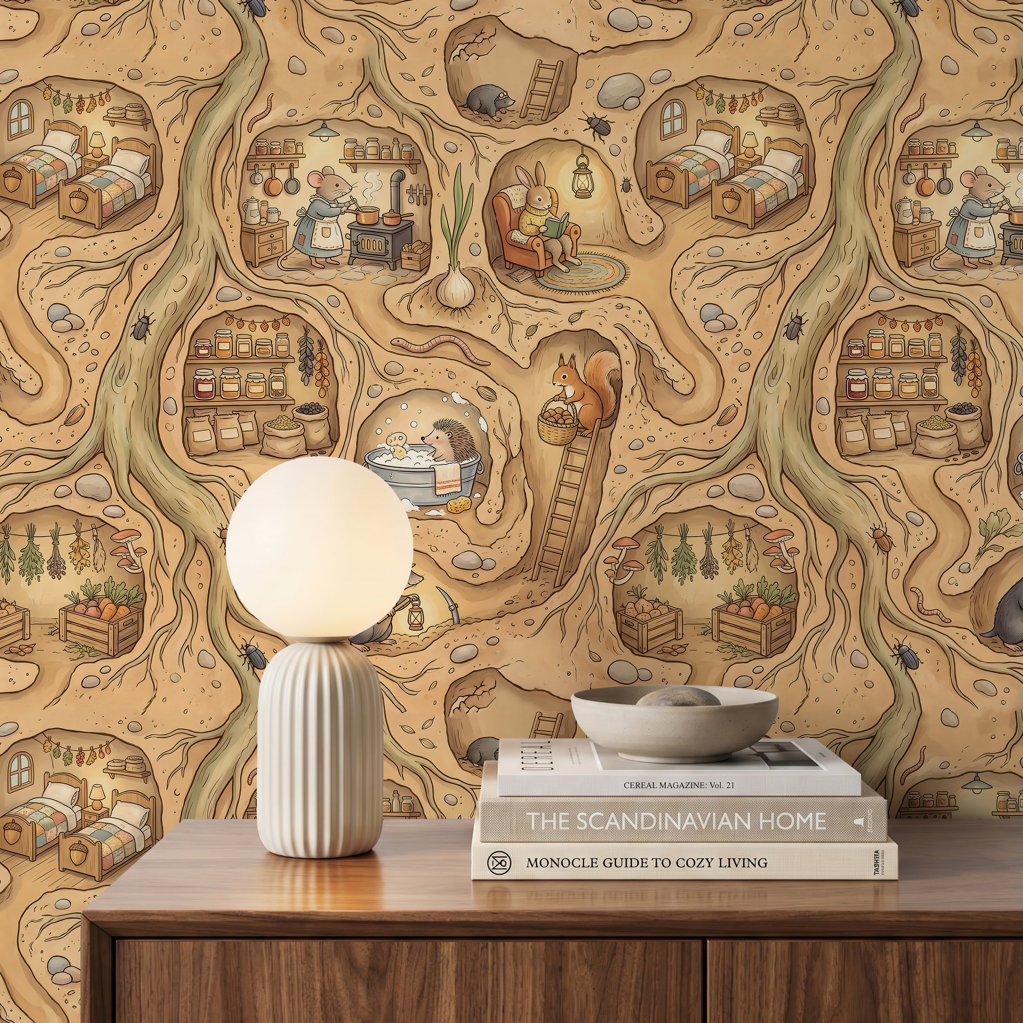 Woodland animal wallpaper close-up with a mouse cooking, a rabbit reading, a hedgehog in a tin bath and a squirrel on a ladder