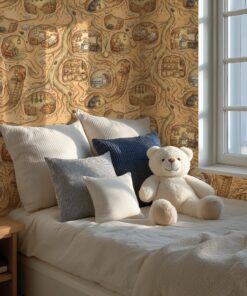Underground animal burrows wallpaper in a sunny kids bed corner with a teddy bear