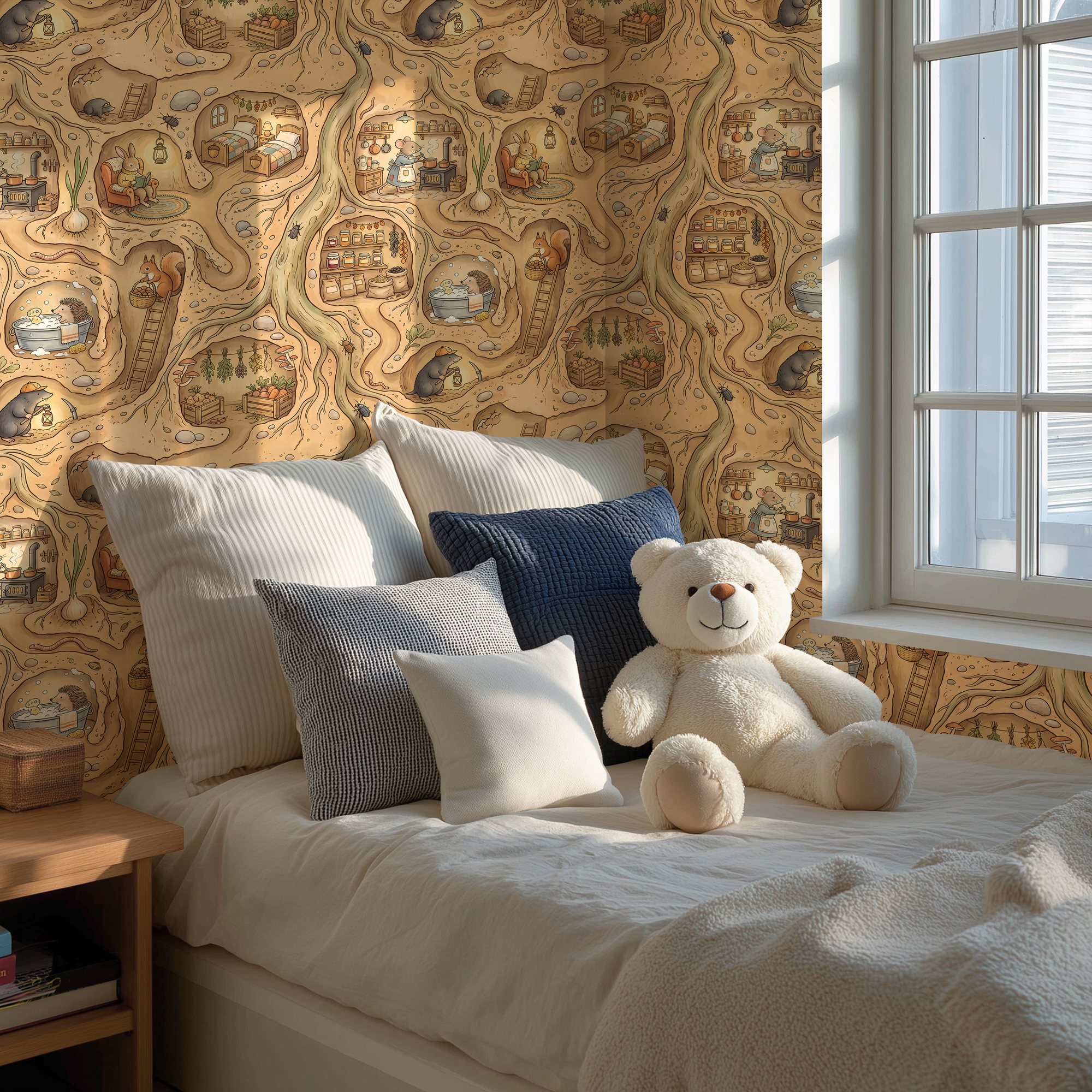 Underground animal burrows wallpaper in a sunny kids bed corner with a teddy bear