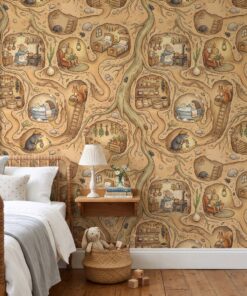 Woodland animal wallpaper with underground burrows in a kids bedroom with a wooden spindle bed