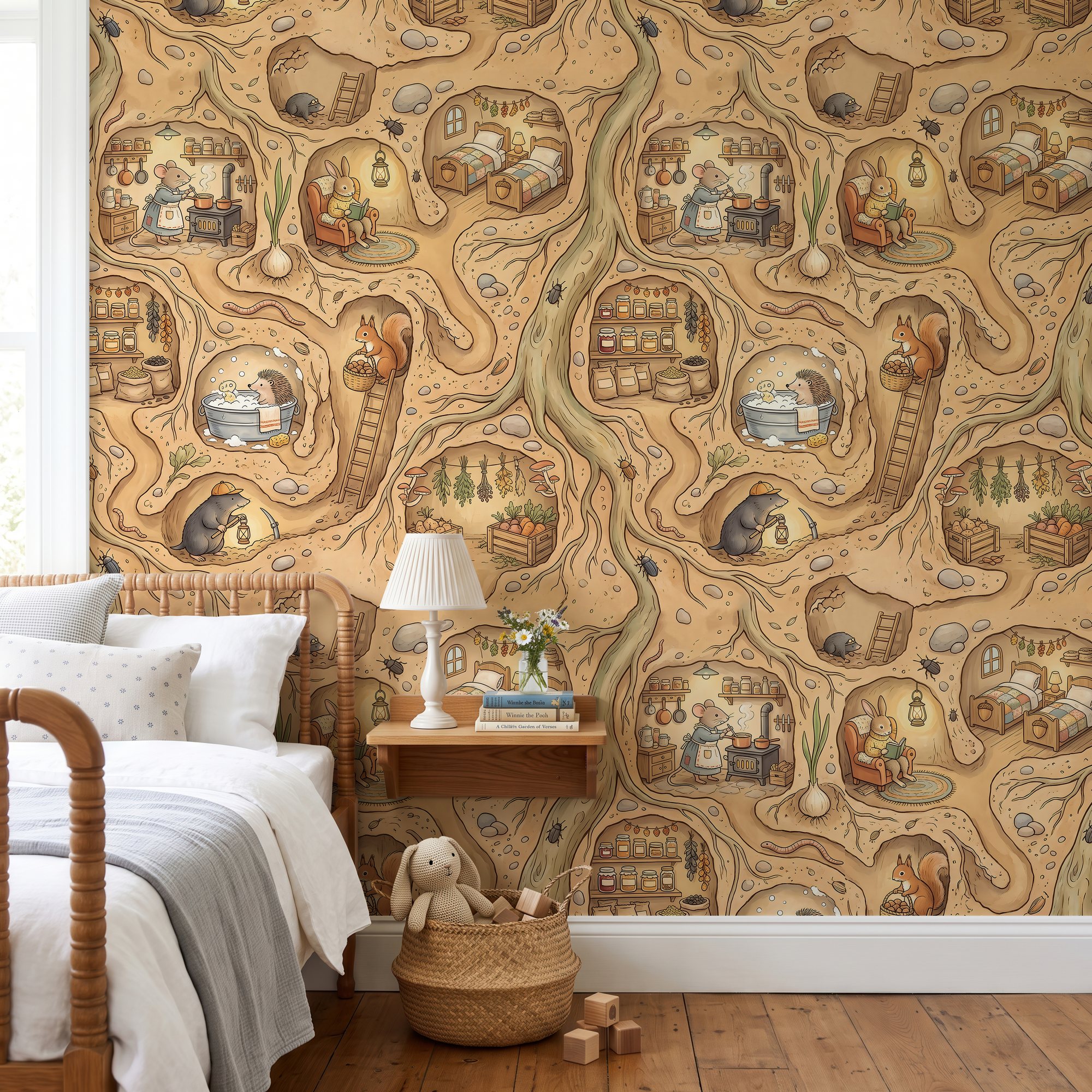 Woodland animal wallpaper with underground burrows in a kids bedroom with a wooden spindle bed