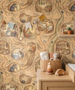 Underground burrow wallpaper in a nursery with a changing table, bunting and toy basket