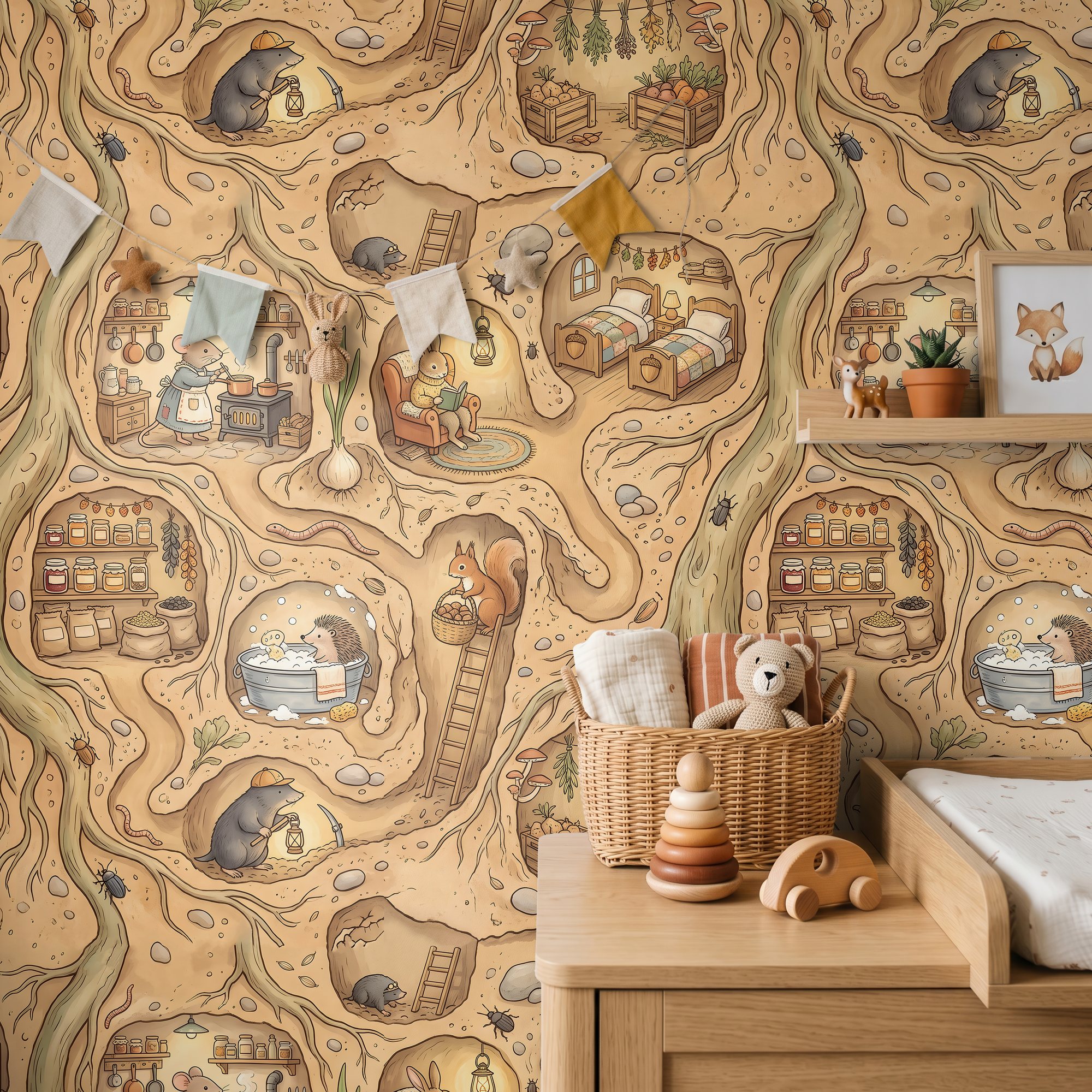 Underground burrow wallpaper in a nursery with a changing table, bunting and toy basket