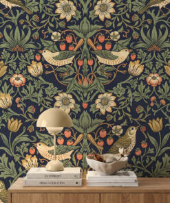 William morris style wallpaper close-up with thrushes, wild strawberries, tulips and acanthus leaves on navy