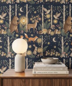 Woodland nursery wallpaper close-up with a bear, deer, fox, rabbits and owls carrying glowing lanterns among birch trees