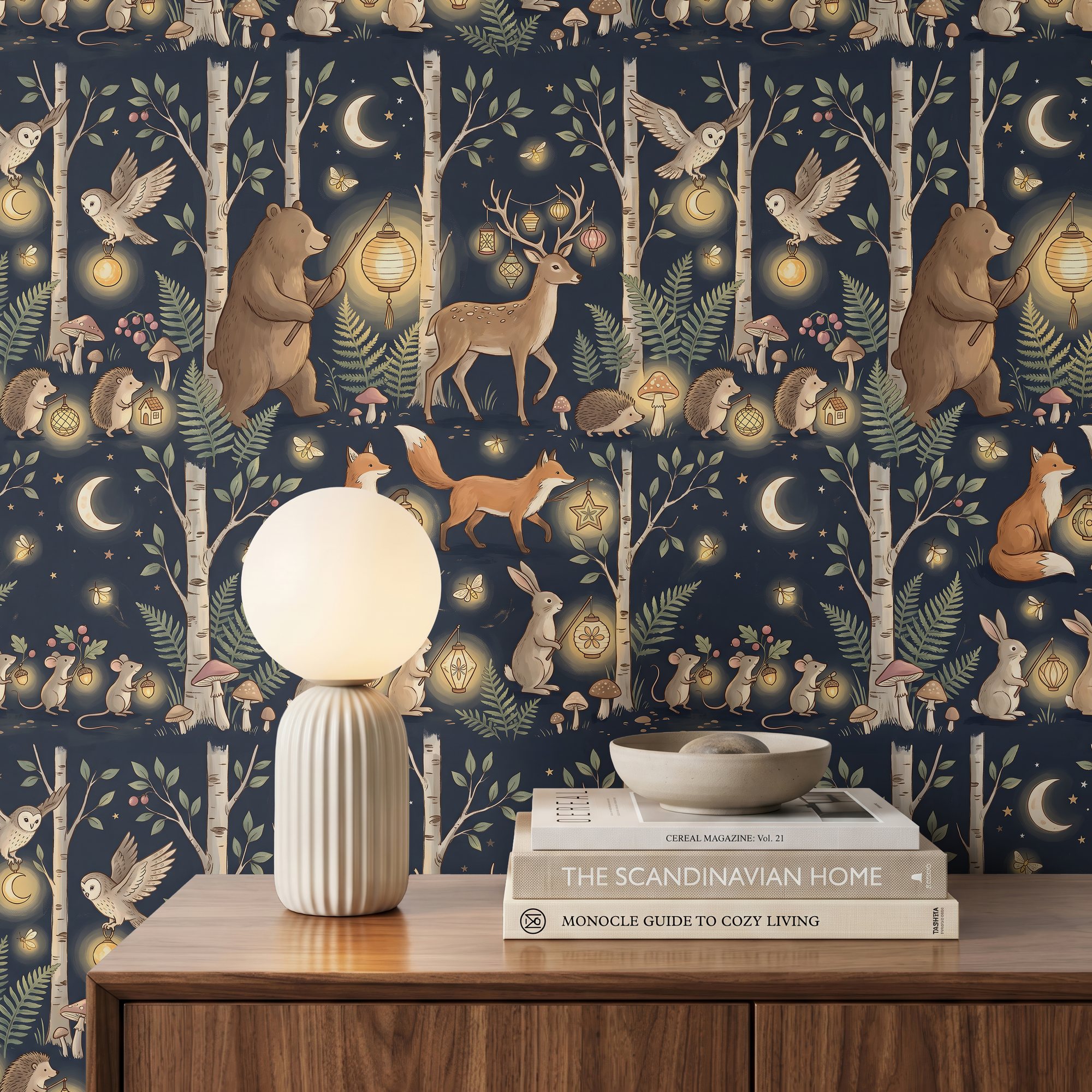 Woodland nursery wallpaper close-up with a bear, deer, foxes and owls carrying glowing lanterns among birch trees