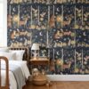 Woodland nursery wallpaper in navy with a lantern forest in a kids bedroom with a wooden spindle bed