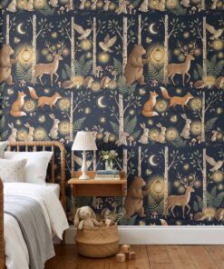 Woodland nursery wallpaper in navy with a lantern forest in a kids bedroom with a wooden spindle bed