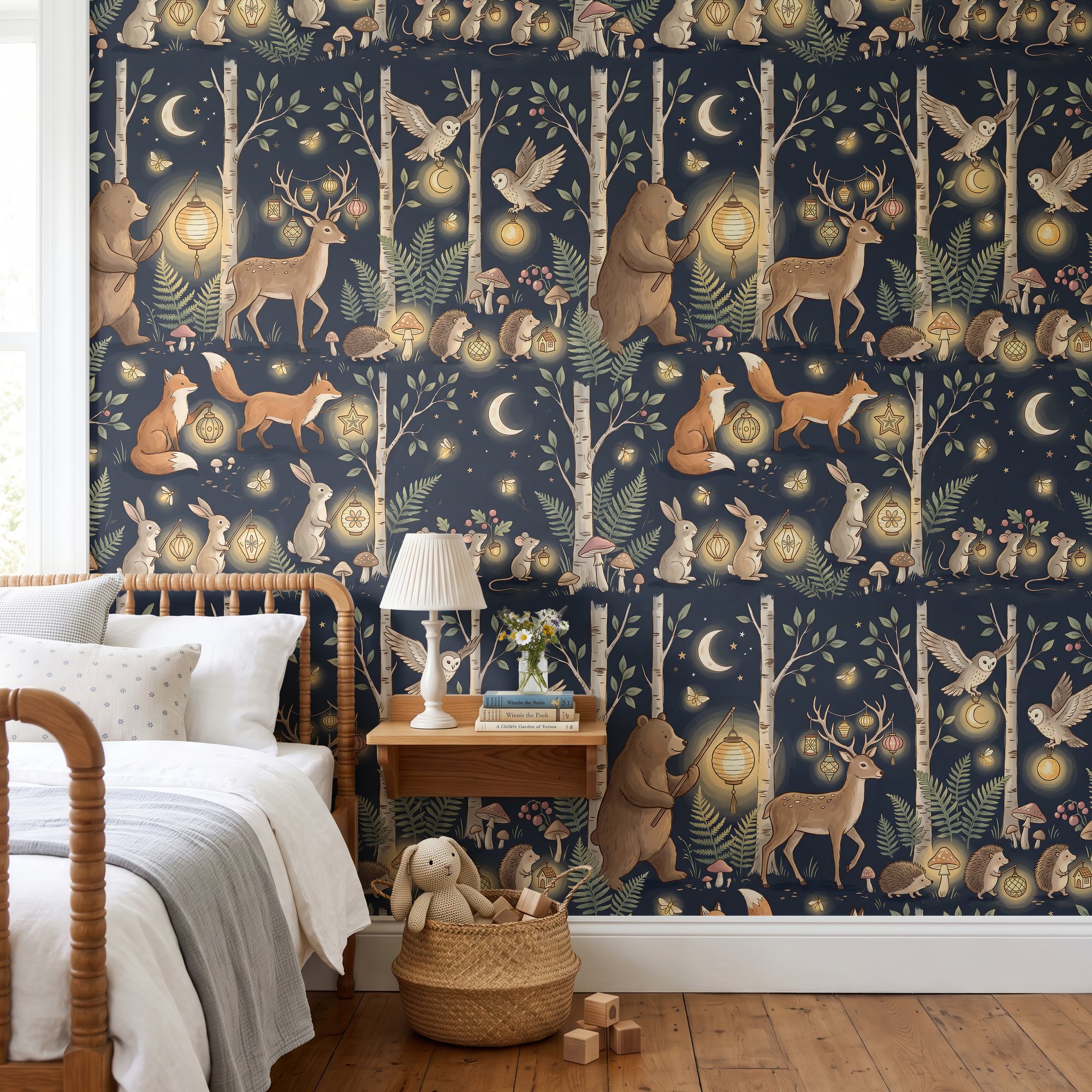 Woodland nursery wallpaper in navy with a lantern forest in a kids bedroom with a wooden spindle bed